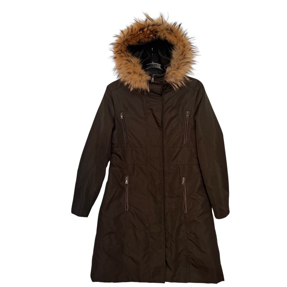 1990s Andrew Marc Thermolite Hooded Parka Raccoon Fur Trim Olive Green S Petite